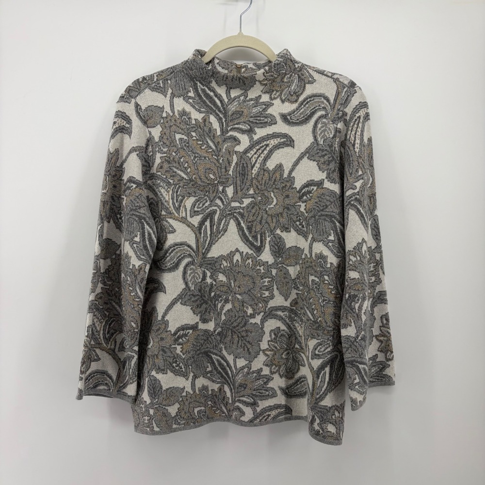 Chico's Womens Small Grey Floral Jacquard Mock Neck Metallic Zip Back Sweater